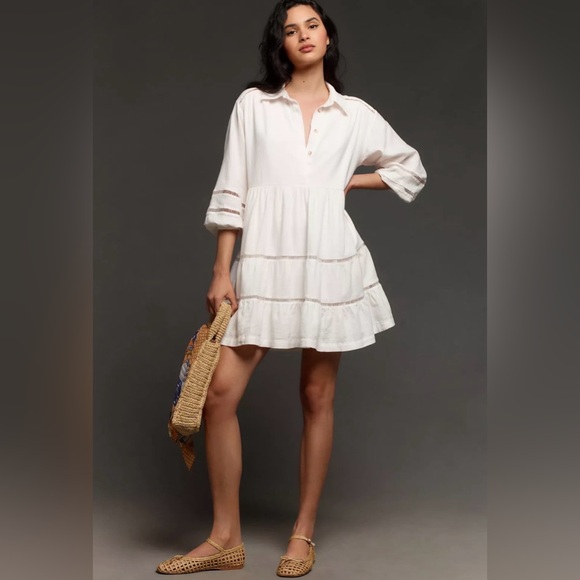 Anthropologie Maeve Bettina Collared Linen Tiered Mini Shirt Dress Ivory White M - Picture 3 of 13